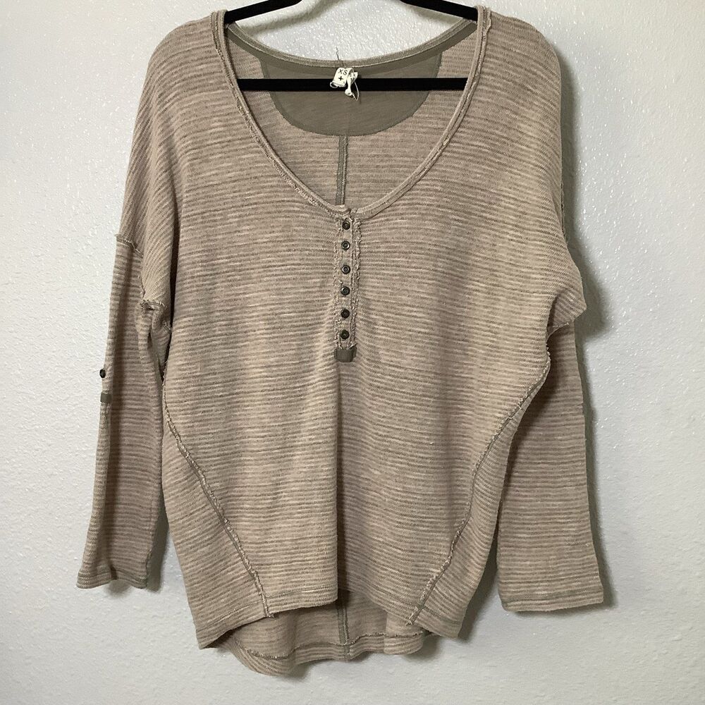 TP Striped Lagenlook Neutral Button Oversized Henley Blouse XS Boho Goblincore